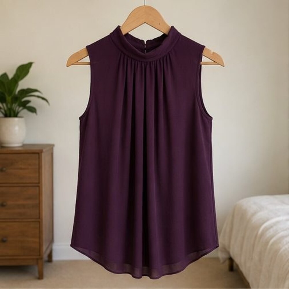 Plum Pleated High Neck Blouse